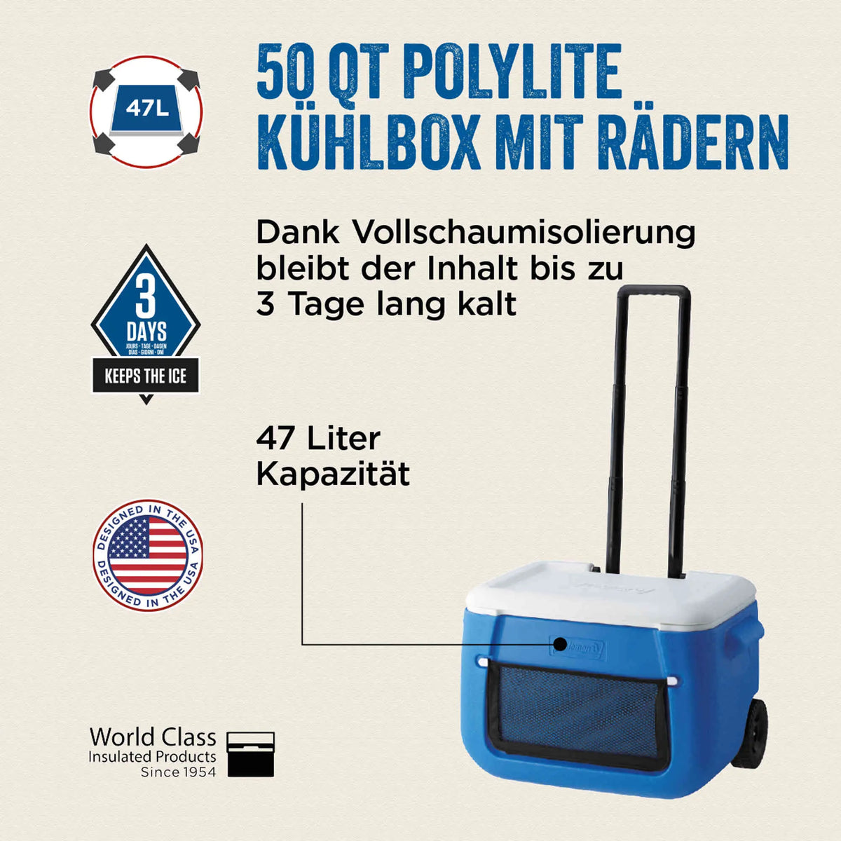 Coleman 50QT Polylite Wheeled | 46 Liter Kühlbox mit Rollen | 3 Tage Kühlung  Kühlbox Campingaz & Coleman